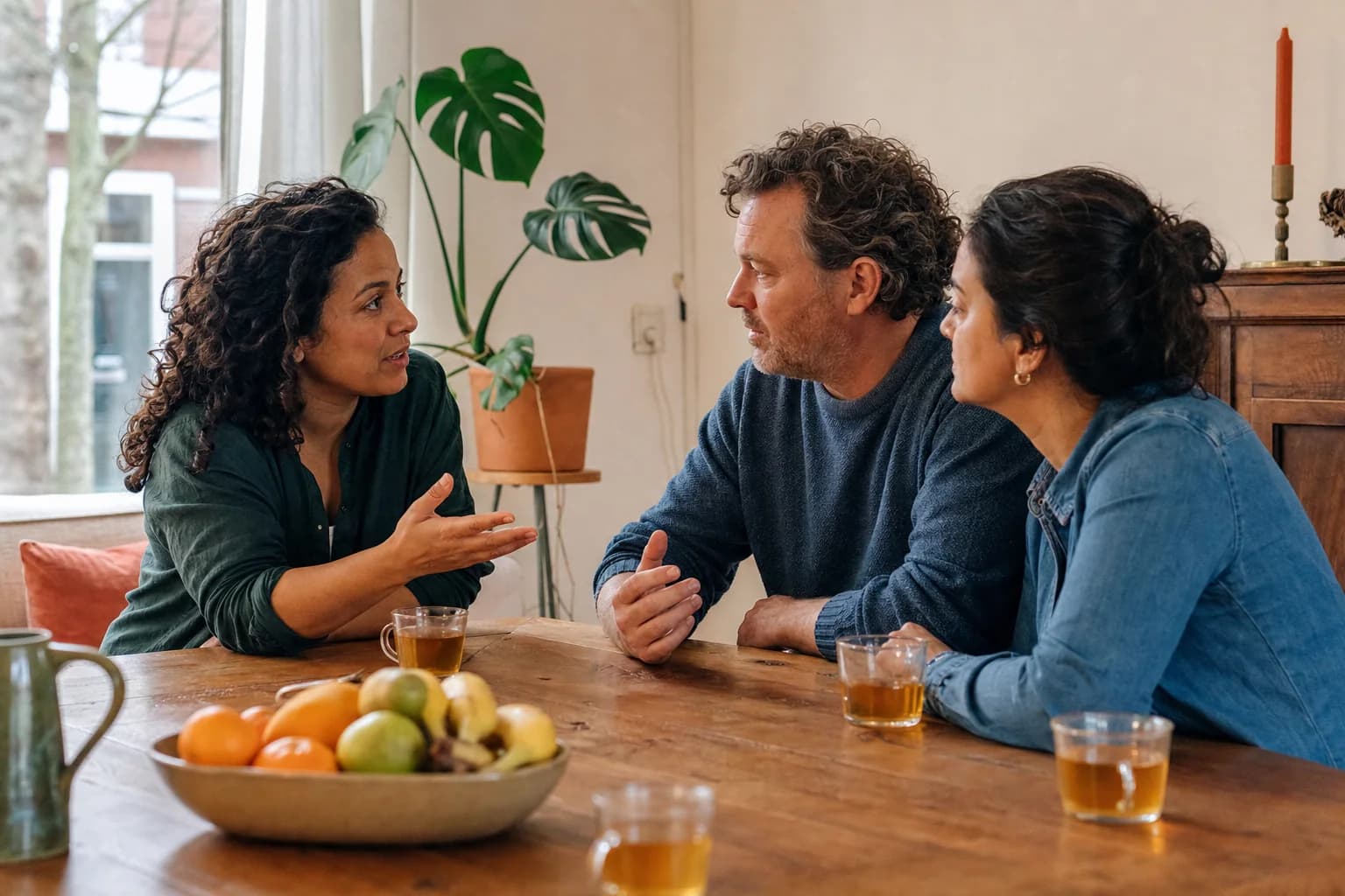 Ouders en verzorgers in gesprek aan de keukentafel