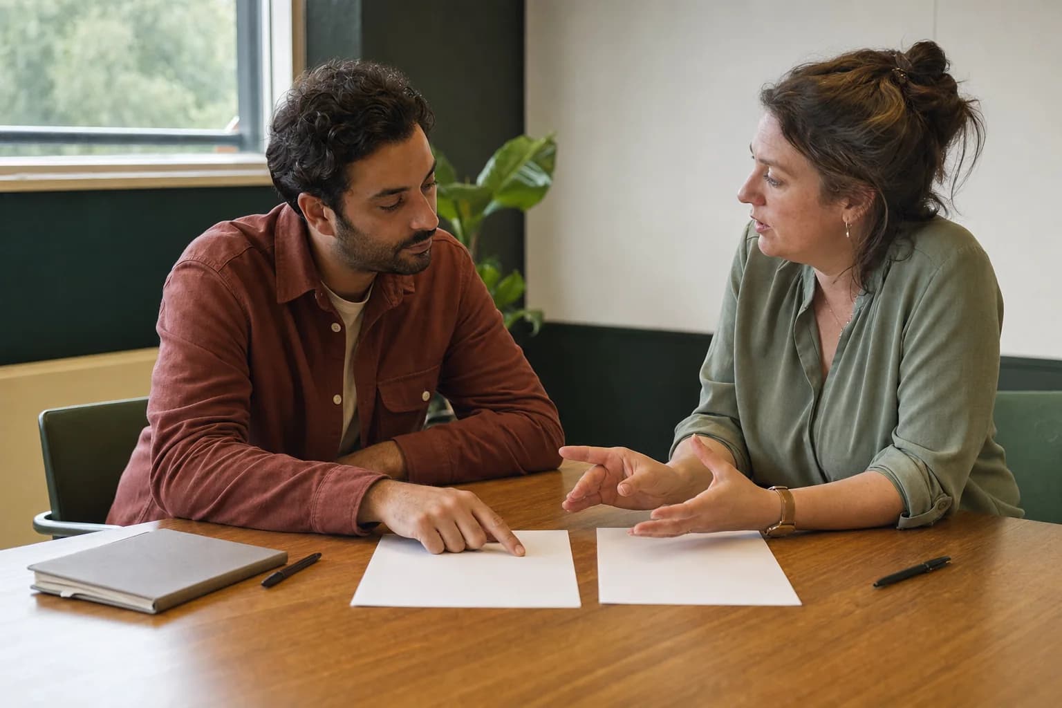 Twee professionals in gesprek aan tafel tijdens een overleg